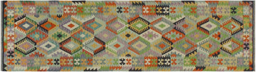 Flat Weave Kilim, Antique, Navaho, Vintage, Handmade, Geometric Kilim Blue Gold Hand-Woven Runner 100% Wool Area Rug 3 x 10
